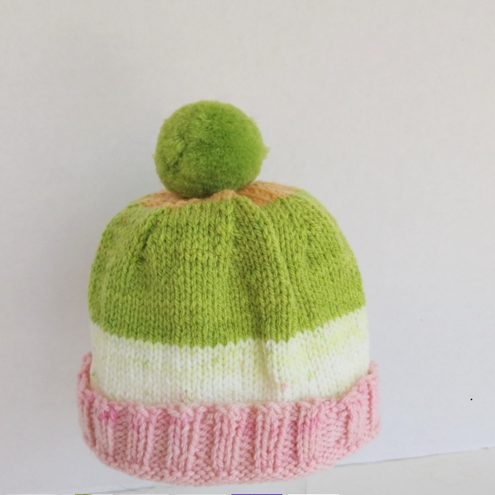 Beanie Pom Pom Hand Crafted Baby Toddler Pink Green Colorful Knit